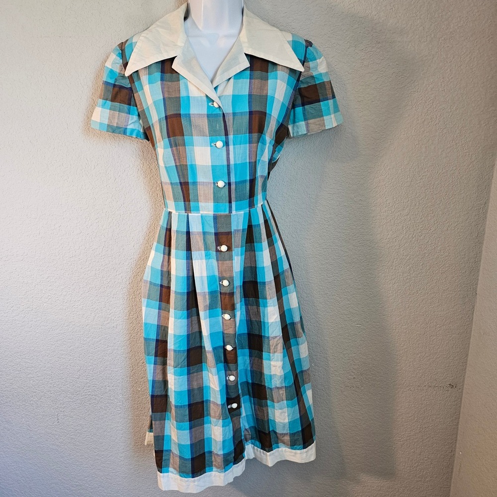 Vintage Plaid Shirt Dress Turquoise Blue Brown White Pleated Button Front Small